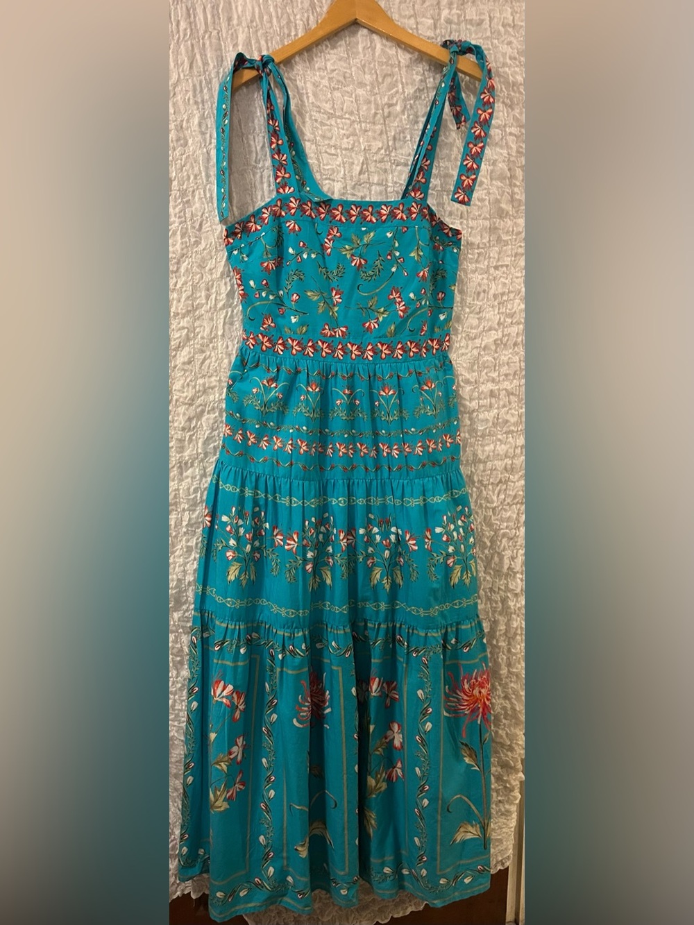 Crown  & Ivy: Floral Teal Tiered Cotton Maxi Dress with Tie Straps, Pockets, L